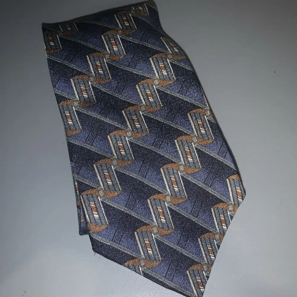 Retro JOHN HENRY Silk Tie Necktie Mens‎ Blue/Green Geometric Italy/USA 4